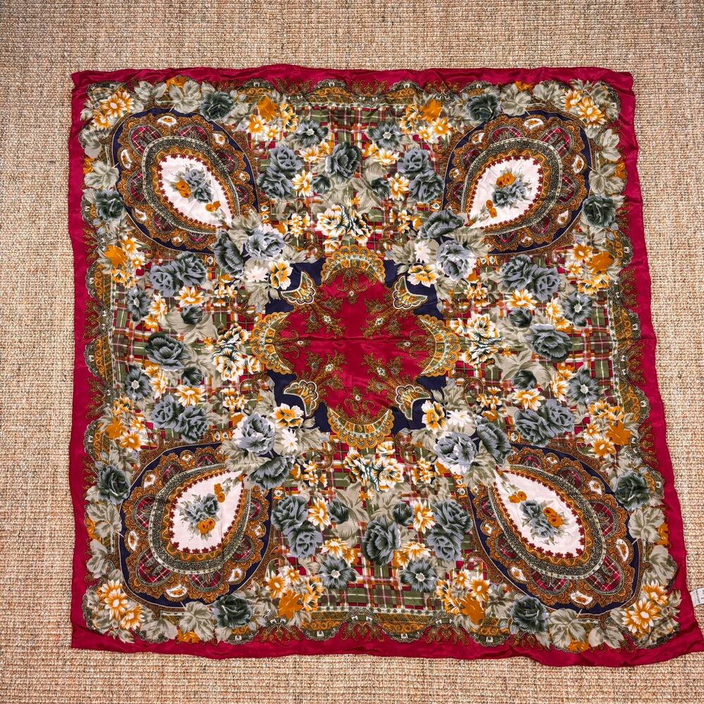 🌺 Vintage Sacha for Basha Silk Floral Scarf | 29" Square | Burgundy Multi